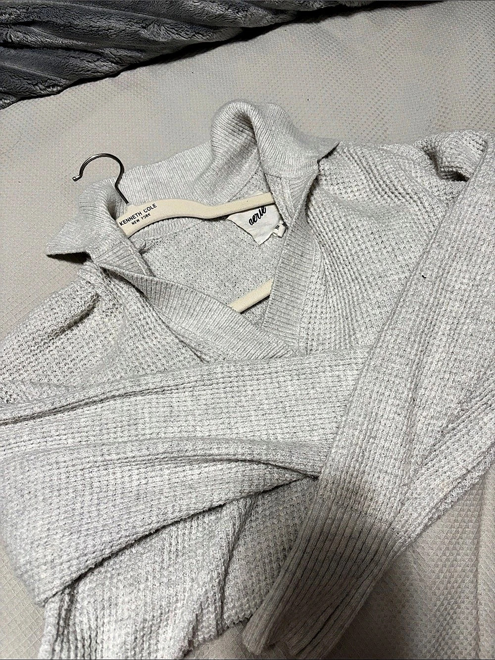 Aerie CozyUp Waffle Polo Sweater Gray